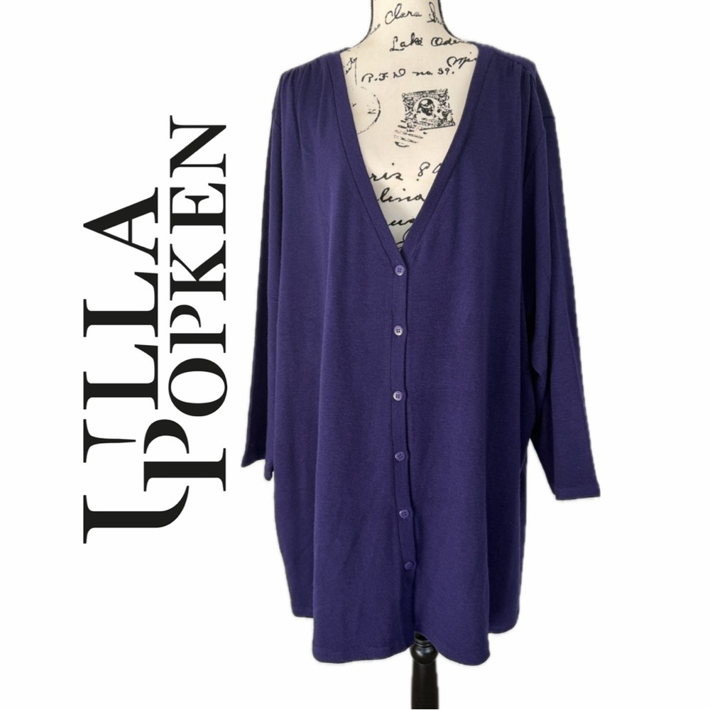 Ulla Popken Long Cardigan Purple long Cardigan Button Down Relax Sz 28/30 Cozy